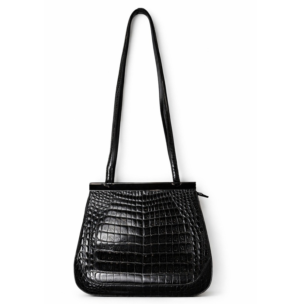 Stefano Bravo Shoulder Bag Womens Medium Black Leather Croc Embossed Italy